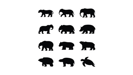 Wildlife silhouettes featuring elephants bears and rhinos in minimalist black and white design © Shela