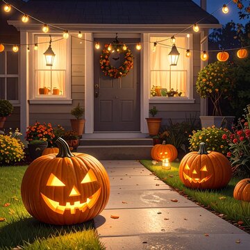 Halloween pumpkin in the yard with lights