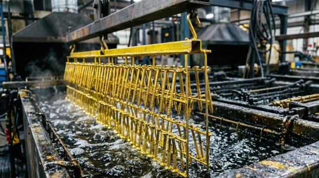 Closeup medium shot of screws coated in yellow zinc suspended on racks as they enter the electroplating tank highlighting the vivid golden corrosion protection.