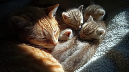 Obraz na płótnie Canvas A mother cat lies comfortably with her four small kittens huddled close. They are resting on a soft blanket in a cozy corner of the house during the afternoon.