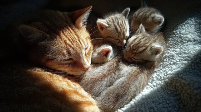 A mother cat lies comfortably with her four small kittens huddled close. They are resting on a soft blanket in a cozy corner of the house during the afternoon.