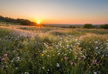 Obraz premium Beautiful wildflower meadow at sunset