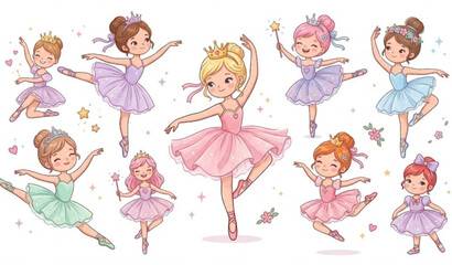 Cute Ballerina Princess Dancers Vector Collection Cartoon Ballet Girls Set © Mst RAFIYA