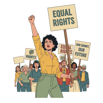 Diverse group protesting for equal rights, woman leading with raised fist and sign