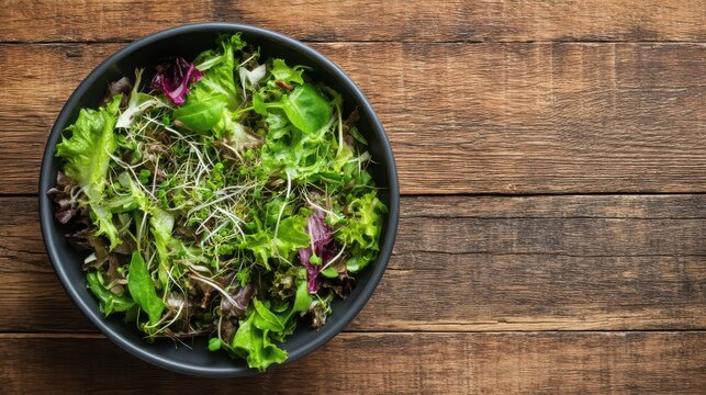 A fresh salad bowl filled with mixed greens and herbs sits on a rustic wooden table, showcasing vibrant colors and textures.