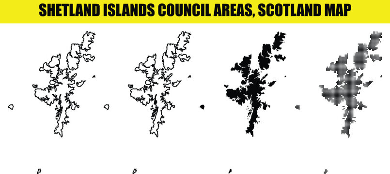 Shetland islands council areas scotland map collection. solid black outline, linear contour, and dot patterns isolated.