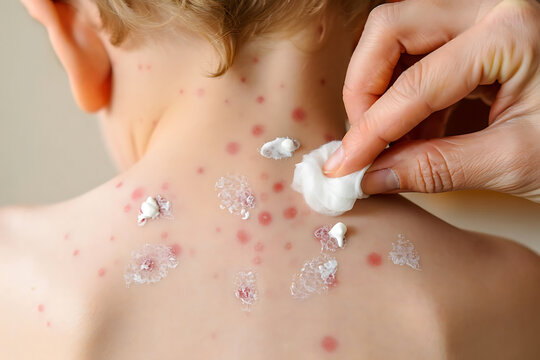 Close up of child's back with calamine lotion applied to chickenpox skin rash