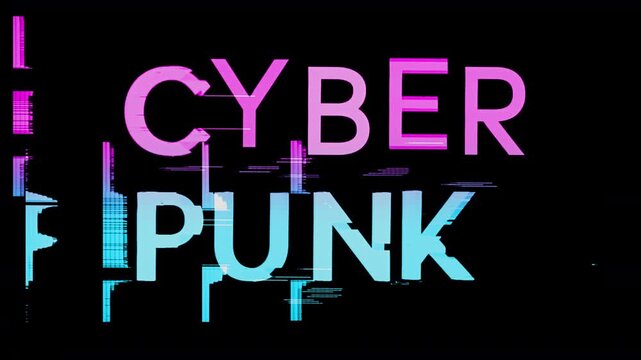 cyberpunk written with a glitch style font and city