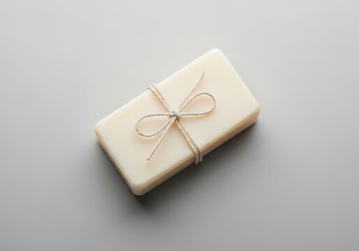 Beige soap bar with string tie on light gray surface