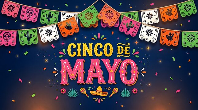 Cinco de mayo celebration background with colorful bunting flags confetti and festive elements