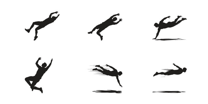 6 Dynamic Falling Diving Man Silhouette Action Poses Set