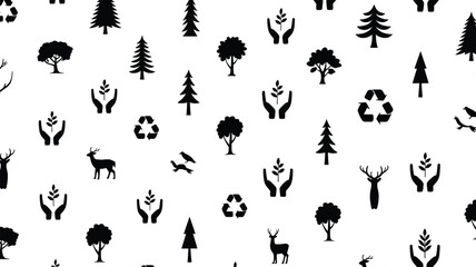 Obraz premium Black and white nature themed pattern featuring trees deer recycling symbols and leaves in a minimalist eco friendly design