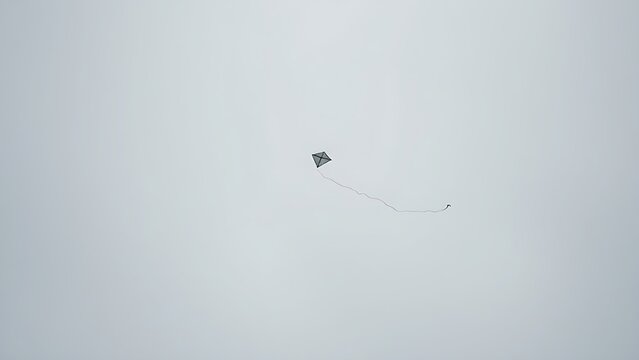 perigee. Broken kite string, kite drifting away in gray overcast sky, minimalist composition. wellbeing guides, coaching materials, designed for mental health education and mindfulness programs.