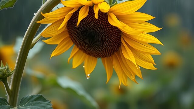 laurate. Sunflower drooping after a storm with rain droplets on its petals. gardening catalogs, home-decor guides, designed for home decor and floral branding, celebrates nature.