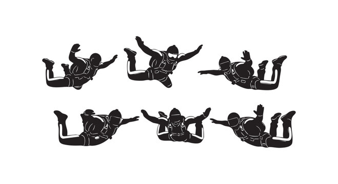 Six skydivers in freefall, wearing parachutes and helmets, dynamic poses, black and white illustration.