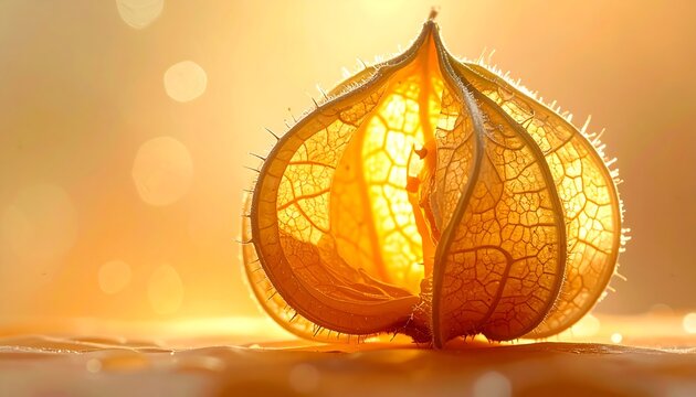 Macro image of physalis fruit glowing with warm light, highlighting delicate structure and organic texture. Ideal for natural beauty, botanical concepts, and elegant background design