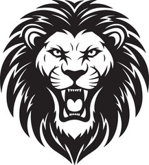 Fototapeta premium Detailed black and white flat vector illustration of a roaring lion head mascot with a sharp mane and open jaws.