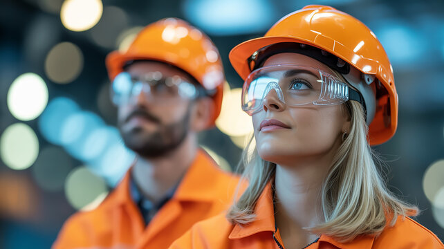 A professional industrial photograph of two workers in bright orange safety gear against a blurred background with bokeh lighting effects