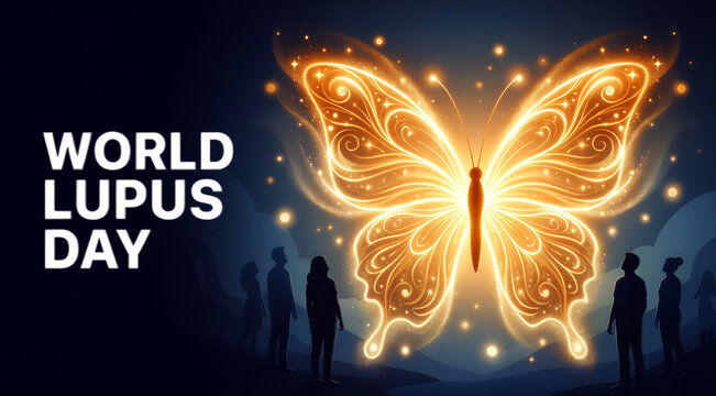 World lupus day awareness concept with glowing butterfly and silhouettes of people standing together