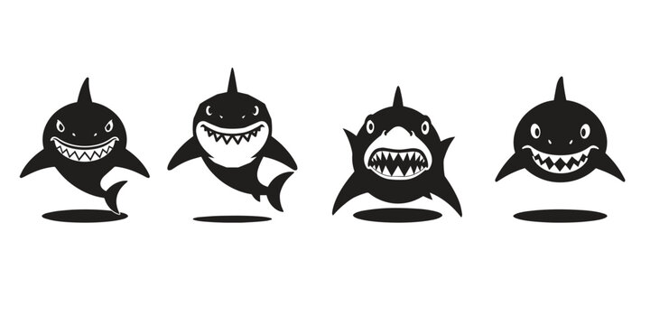 4 Cartoon Shark Silhouettes Smiling In One Picture Set
