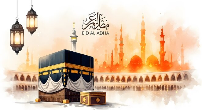 Eid al adha mubarak celebrating the holy day with kaaba mosque imagery