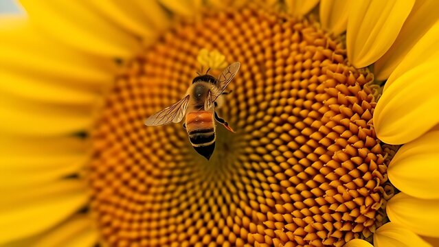 involucre. Close-up of honeybee wings hovering in a sunflower, morning light, soft background. wildlife magazines, conservation campaigns, designed for eco-tourism storytelling.
