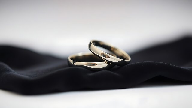 electroluminescence. Two silver wedding bands overlapping on dark velvet fabric. lifestyle magazines, social media lookbooks, designed for lifestyle magazines and social media content.