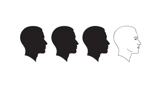 Succession of human head silhouettes from solid black profile to thin line art drawing representing mind transition ideas.