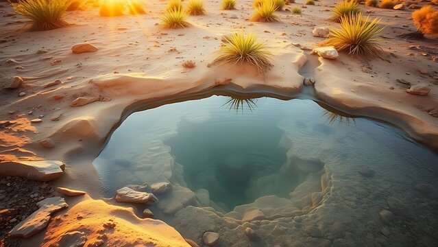 nekton. Desert oasis with natural spring and green plants under golden hour light. travel magazines, destination branding, designed for outdoor magazines and nature guides, used by account managers.