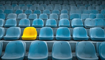 Fototapeta premium Empty stadium seats, one bright yellow chair stands out