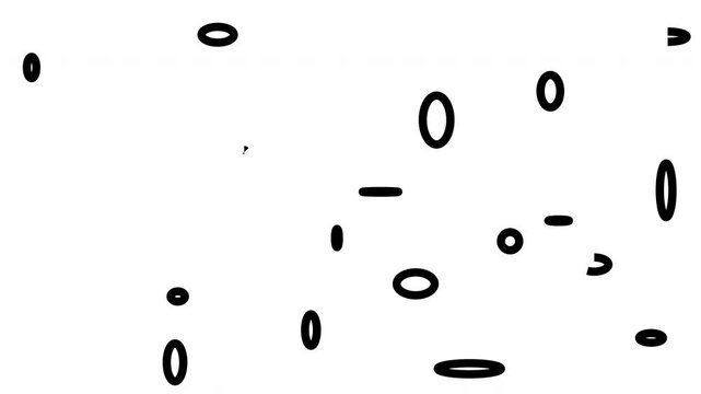Minimal abstract motion graphics animation featuring scattered black oval rings and ellipse outlines moving across a clean white background.