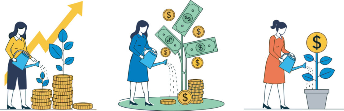 Detailed flat vector illustration set of women watering money trees and growing coin stacks to represent financial investment