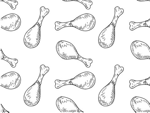 Hand drawn black and white chicken legs pattern white background food