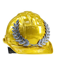 Fototapeta premium Hard hat with laurel badge on reflective yellow safety helmet symbolizing achievement and protection in construction