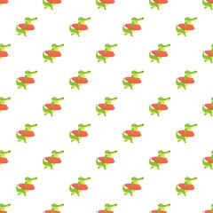 Fototapeta premium Cartoon crocodiles wearing funny lifebuoys on a white seamless background