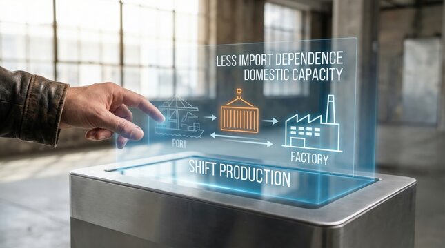 Reshoring - Hand sliding cargo from a port to a domestic factory, symbolizing reshoring and reducing import dependence in a minimalist cinematic editorial style.