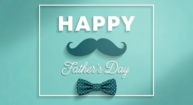 Happy fathers day card with mustache and bow tie on teal background