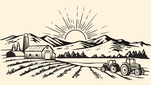 Vintage farm scene with tractor barn and mountains at sunrise