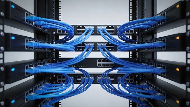 Server racks with blue network cables