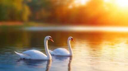 Fototapeta premium Two elegant swans gliding gracefully across a shimmering lake at sunset, surrounded by nature