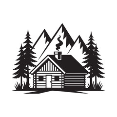 Fototapeta premium Minimalist black and white illustration of a cabin nestled amongst mountains