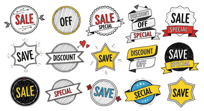 Collection of grunge style sale discount save labels with hand drawn discount marketing promotion commerce business collection megafone commercial