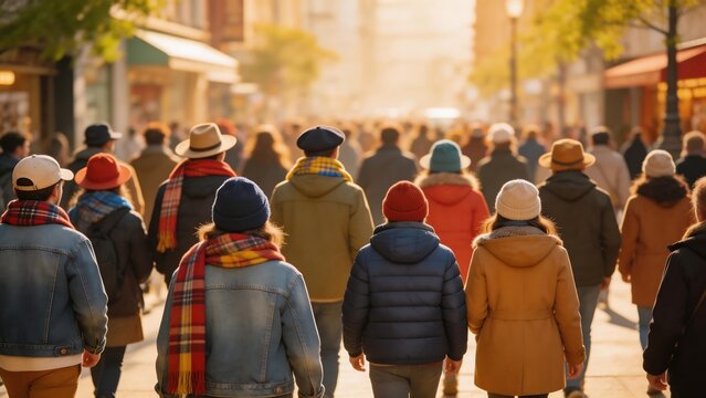 Crowd of people walking on city street