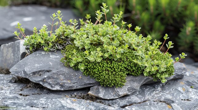 Lush green moss thriving on a textured rocky surface, showcasing nature s resilience and beauty