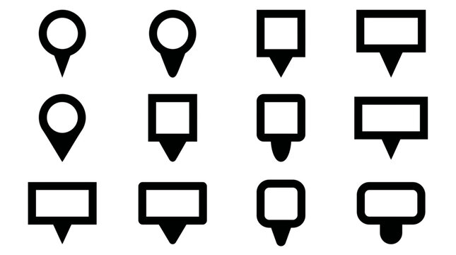 Set of various black map pin icons and location pointers on plain white background, concept for interface navigation design, cartography mapping systems and mobile application development