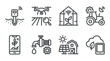 Fototapeta premium Smart agriculture line icons featuring soil sensors, drones, autonomous tractors, greenhouses and mobile farming apps, concept for agtech development, farming automation and business technology