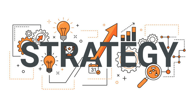 Creative flat line design of strategy typography with business icons like gears lightbulb trophy and graph on white background, concept for corporate planning, marketing growth and advertising