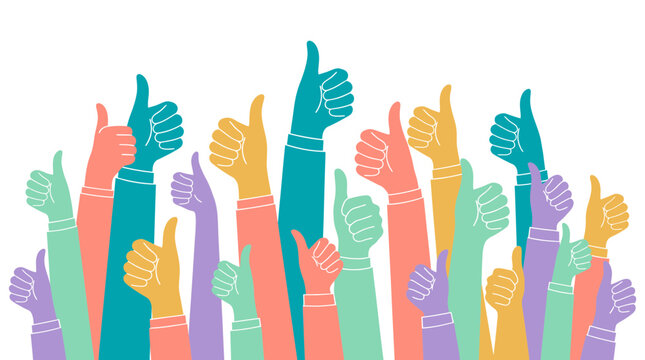 Many colorful hands of office managers and corporate executives raising thumbs up in flat vector style, concept for customer feedback, business success and professional team motivation