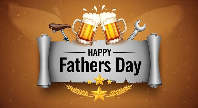 Happy fathers day banner with beer mugs and tools on brown background
