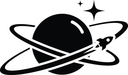 Planet with rings and rocket, starry space background, orbital travel and exploration, celestial body with spaceship, futuristic journey. © Emongrapic